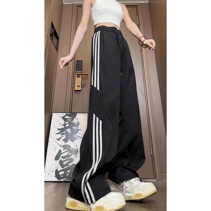 條紋褲子女夏季薄款潮流美式復古寬鬆三條槓直筒闊腿休閒長褲