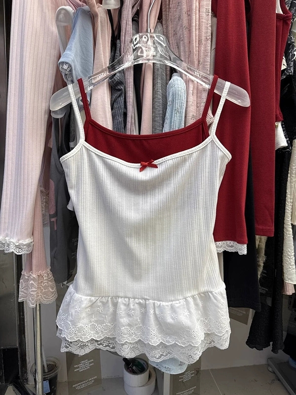 Thirteen-line hot girl bow suspender vest women's lace lace hem slim two-piece inner top