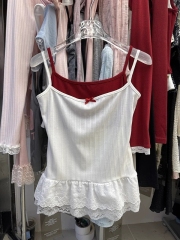 Thirteen-line hot girl bow suspender vest women's lace lace hem slim two-piece inner top