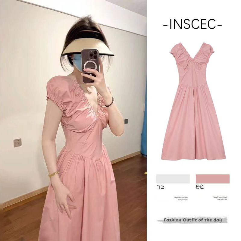 French high-end gentle style dress pink slim V-neck puff sleeve design pleated long dress
