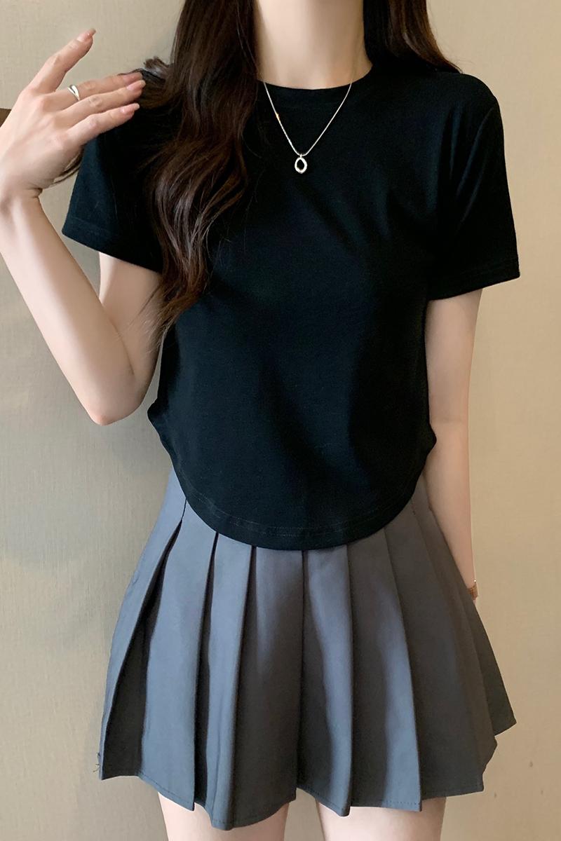 Real photo 95 cotton 5 spandex, back collar 210g thread, irregular slim short-sleeved T-shirt for women in summer