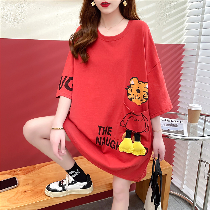 Real-life shooting street quality cotton short-sleeved T-shirt for women in summer medium long trendy new round neck top large size women's clothing