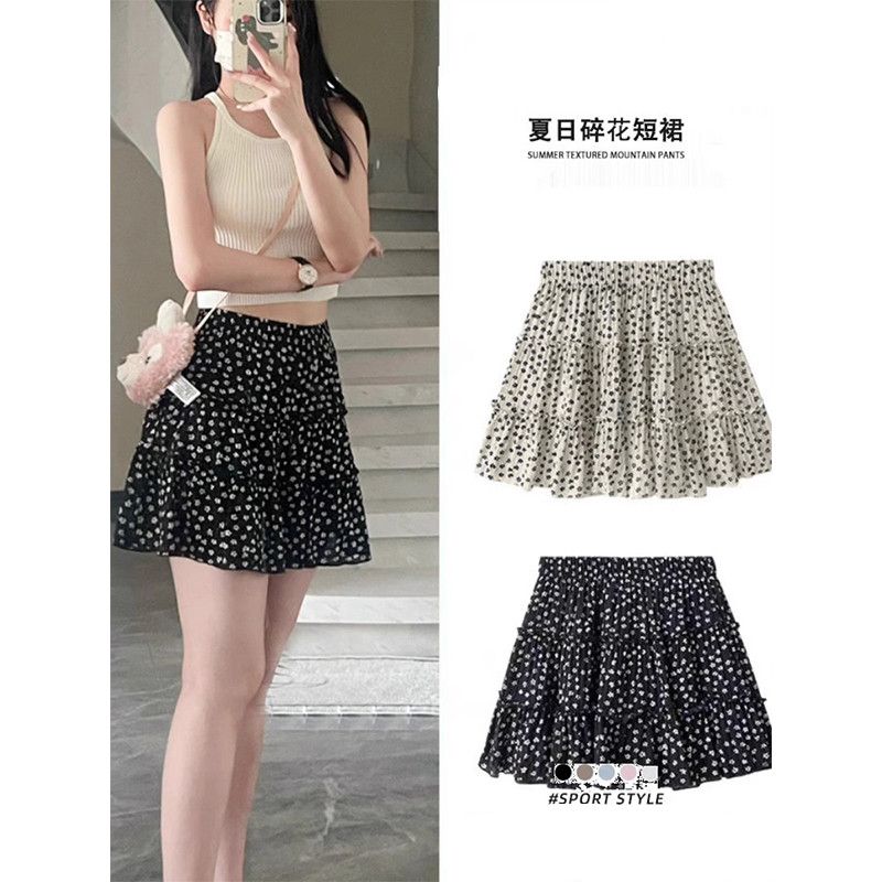 Miu-style floral print high-waisted semi-skirt for women, summer 2025, French-style scalloped edge A-line tiered skirt, petite short skirt