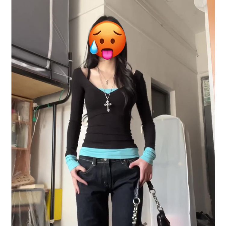 原版做工 1×1人棉莫代爾260克 假兩件長袖T恤女