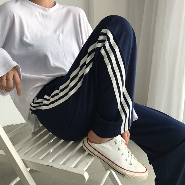 外貿條紋休閒運動褲子女ins潮薄款顯瘦百搭闊腿褲小個子直筒長褲