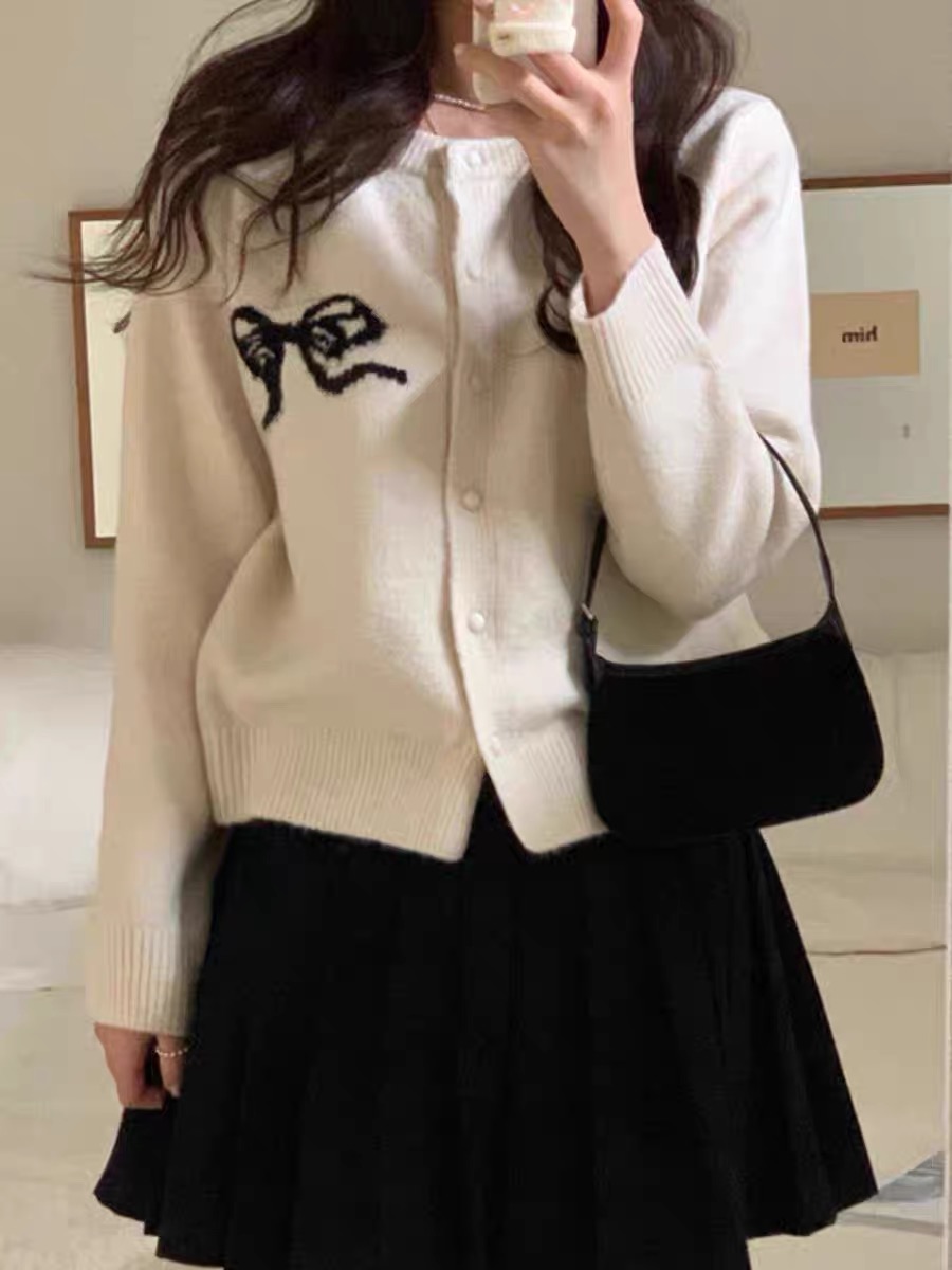 Korea Dongdaemun New Solid Color Sweaty Age Reducing Bow Round Neck Jacquard Sweater Knitted Cardigan Jacket Women