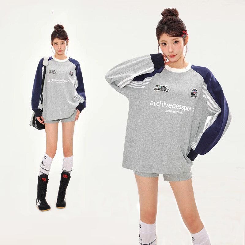 2025 Korean Foreign Trade American Contrasted Ragshoulder Pullover Sweater Jacket Women's Spring Design Loose Long Sleeve Base Shirt