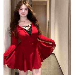 純欲風性感V領蕾絲拼接連衣裙秋冬大碼胖mm修身顯瘦內搭絕美裙子