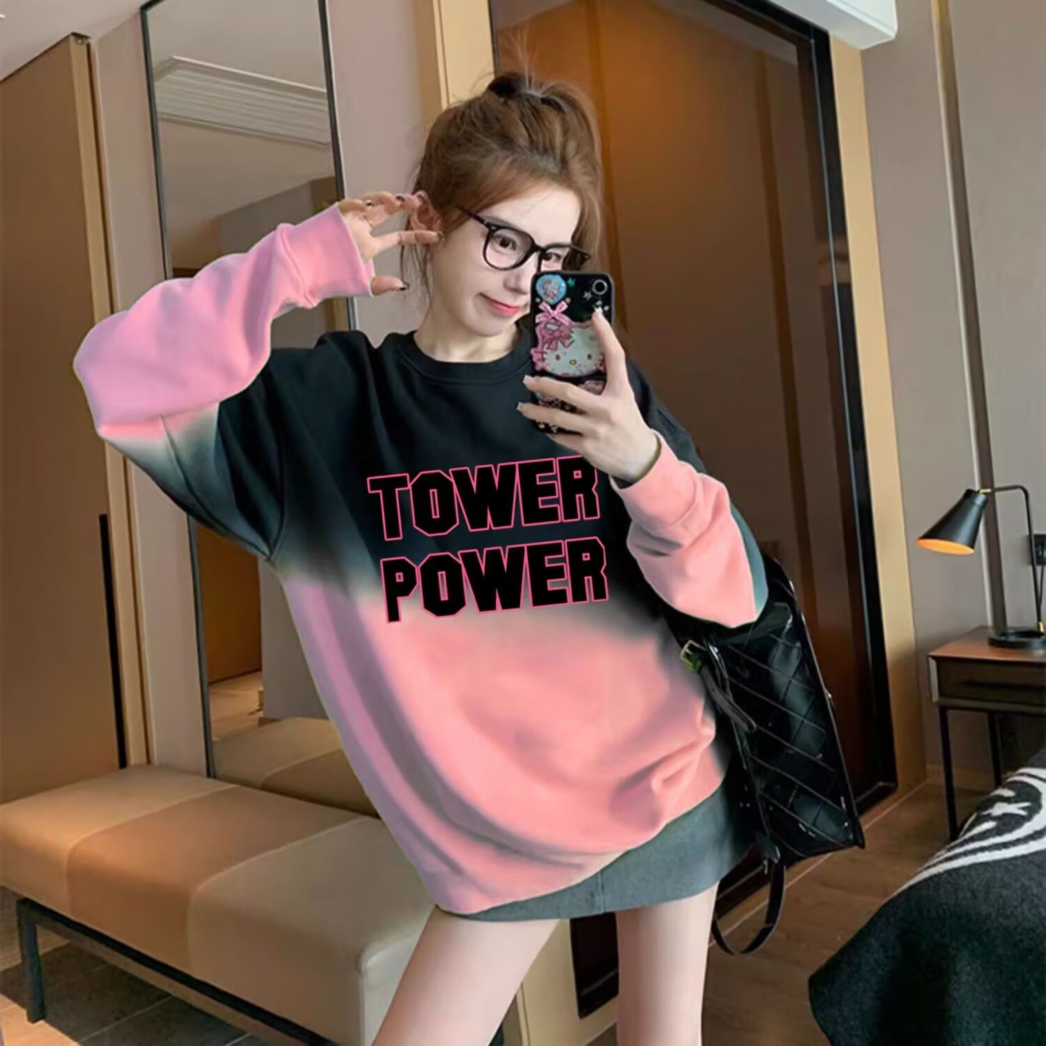 Twill large fish scale cotton T2025 spring and autumn large size regular model 200 jin gradient color round neck sweatshirt for women