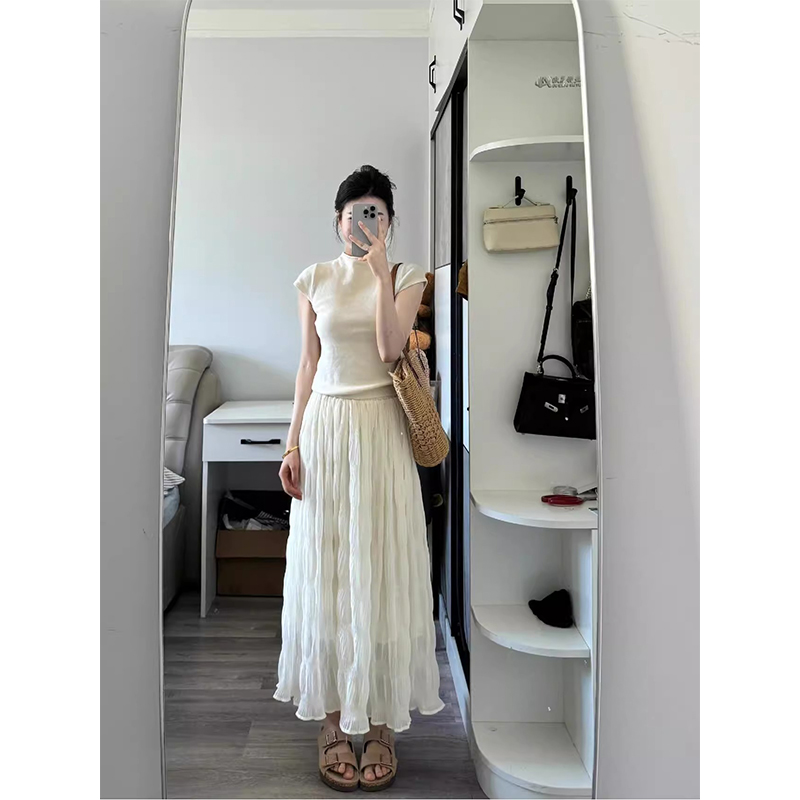 Korean pure desire skirt spring and summer giant fairy bubble yarn skirt female temperament sweet and slim high waist solid color midi skirt