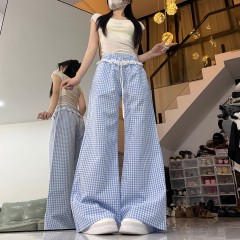 Korean blue plaid lace spliced ​​casual pants for women in spring and summer dopamine lazy elastic waist straight wide-leg pants