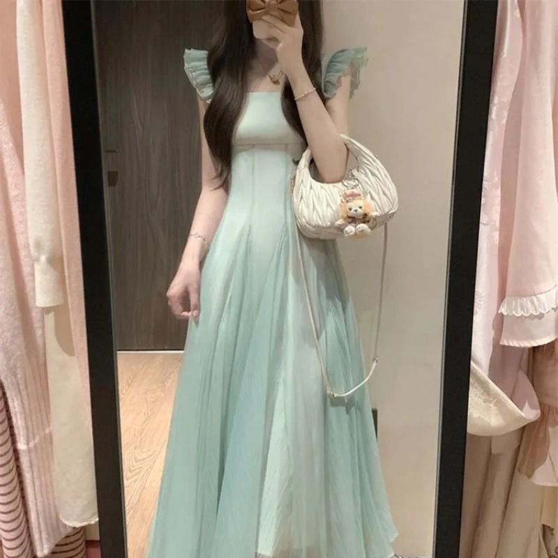 超仙綠色網紗連衣裙2025夏季方領掐腰顯瘦顯白設計感少女中長裙子