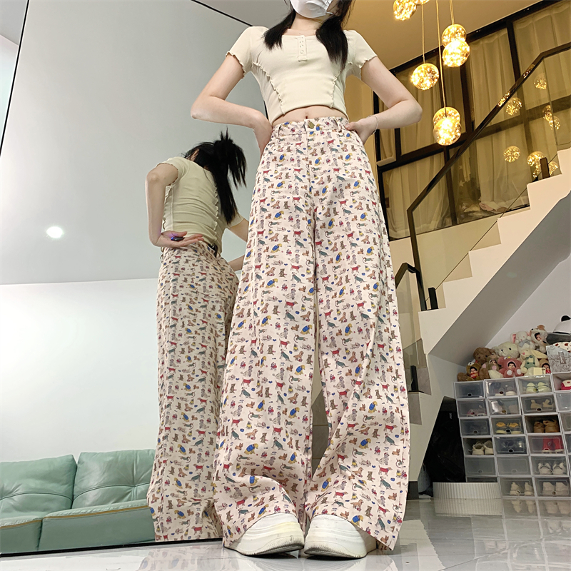 Real photo of dog printed casual pants for women in spring new retro fun high waist drooping slimming wide-leg pants