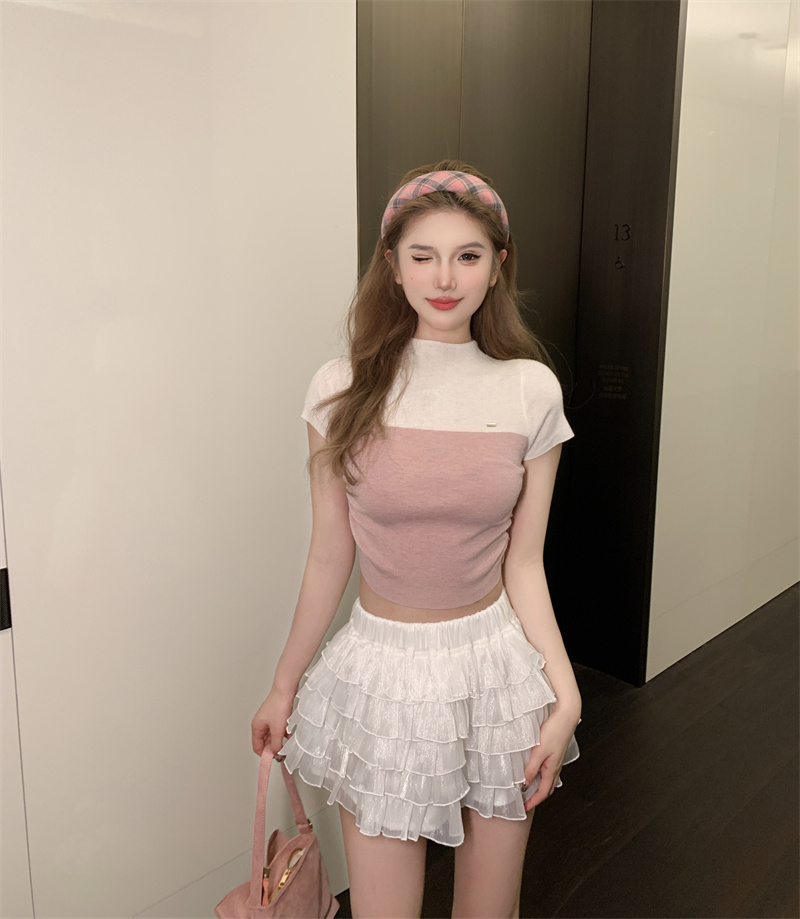 天貓質量拼接短款針織T恤女夏季正肩短袖打底衫修身純欲辣妹