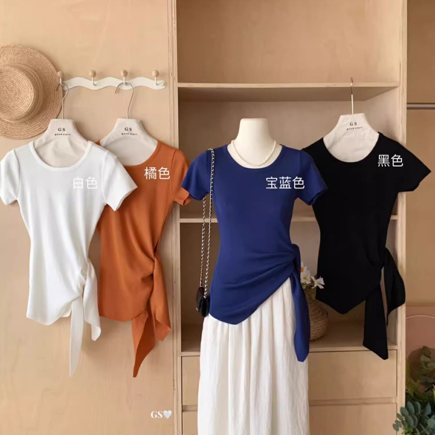 不規則開叉綁帶圓領短袖正肩t恤女夏季修身設計感別致絕美小上衣