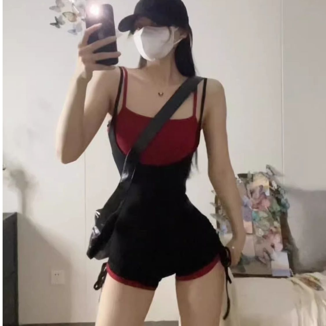 假兩件撞色吊帶連體褲夏季辣妹高腰緊身休閒短褲純欲設計感連衣褲