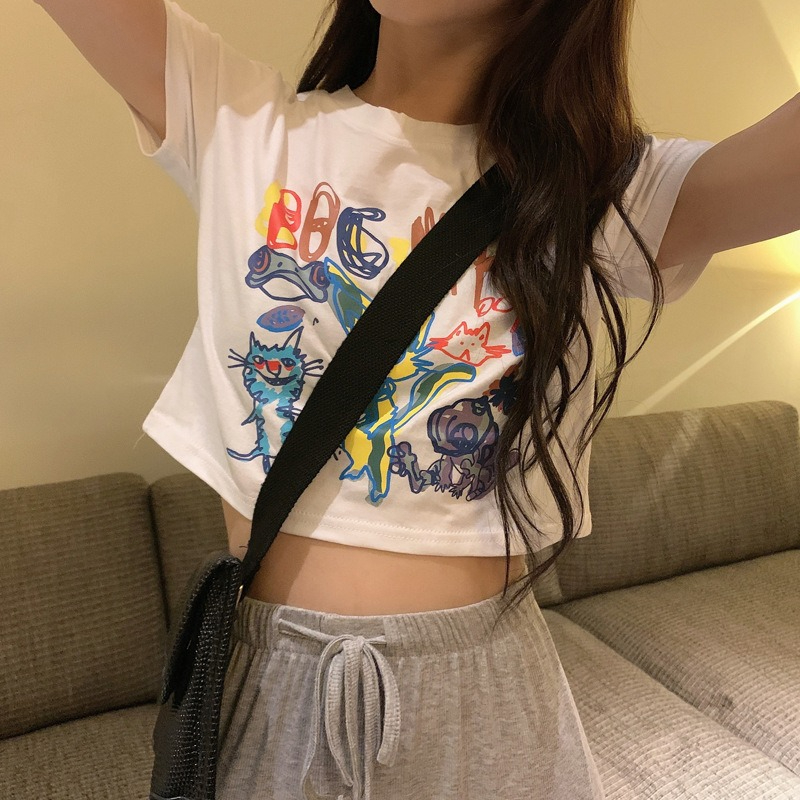 外貿設計感短袖T恤女ins搞怪塗鴉印花寬鬆短款修身顯瘦情侶上衣