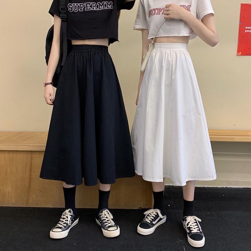 Elastic waist casual A-line skirt for women in summer mid-length high-waisted straps to show slim pear-shaped body large umbrella skirt