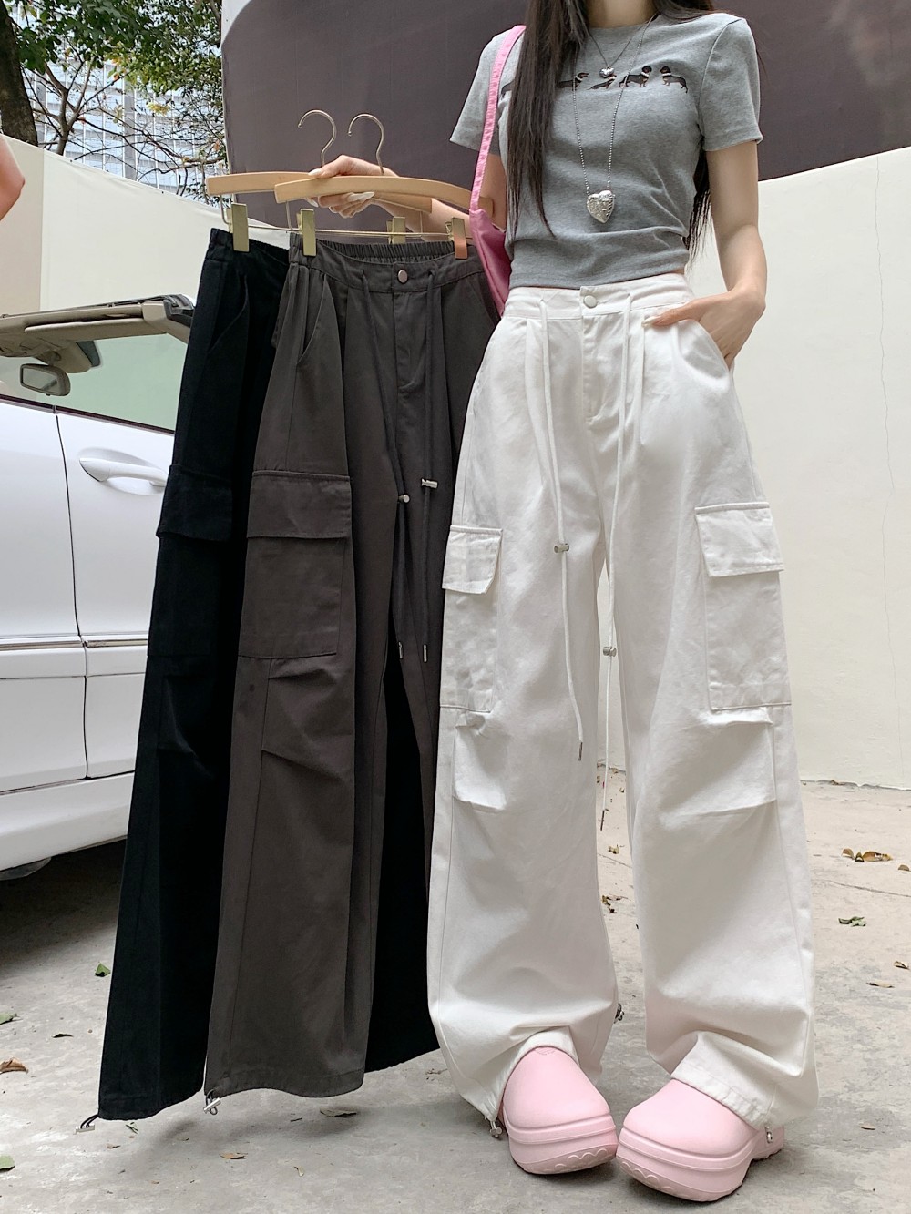 Real shot wide-leg American overalls pants casual pants for women 2025 loose and slim high waist drawstring pocket pants