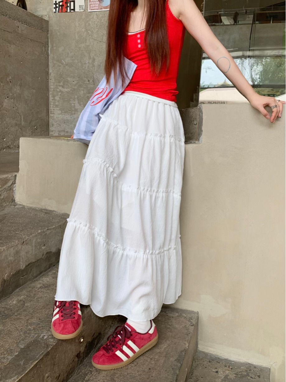 Real shot New Korean version sweet high waist slim wooden ear cake skirt A-line large umbrella skirt skirt