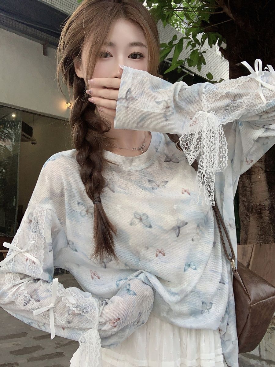 Spring and summer sunscreen shirt original fabric blue butterfly printed blouse T-shirt women's niche casual loose thin top