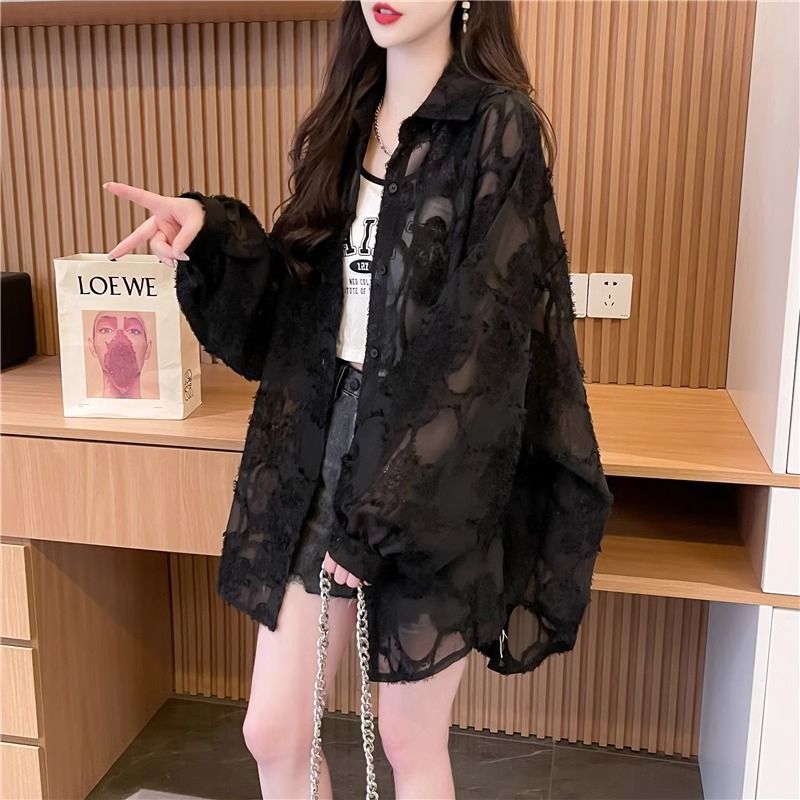 Thin quality breathable long-sleeved sunscreen loose and lazy style polo collar shirt top