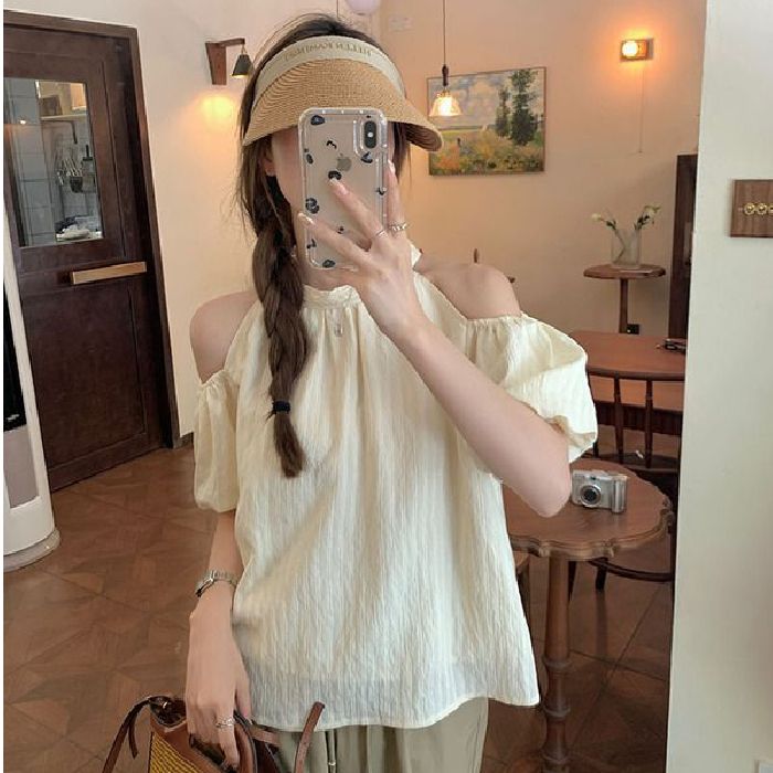 夏季2025新款提花條紋露肩系帶掛脖上衣女寬鬆顯瘦甜美別致襯衫夏