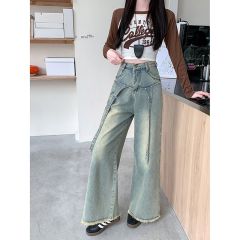 實拍 美式復古闊腿牛仔褲女春季新款做舊垂感寬鬆拖地褲長褲