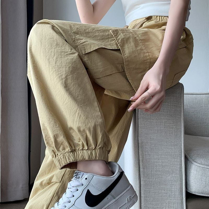 American retro slim low waist side drawstring pocket work pants for women's thin loose casual straight tying wide-leg pants