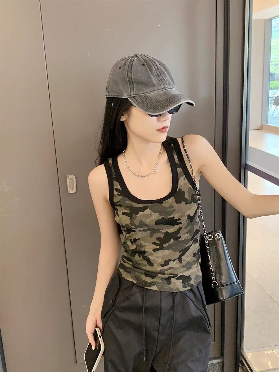 美式辣妹迷彩吊帶背心女夏季內搭U領修身短款