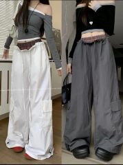 Real shot of plaid splicing casual loose American straight wide-leg casual pants for women INS