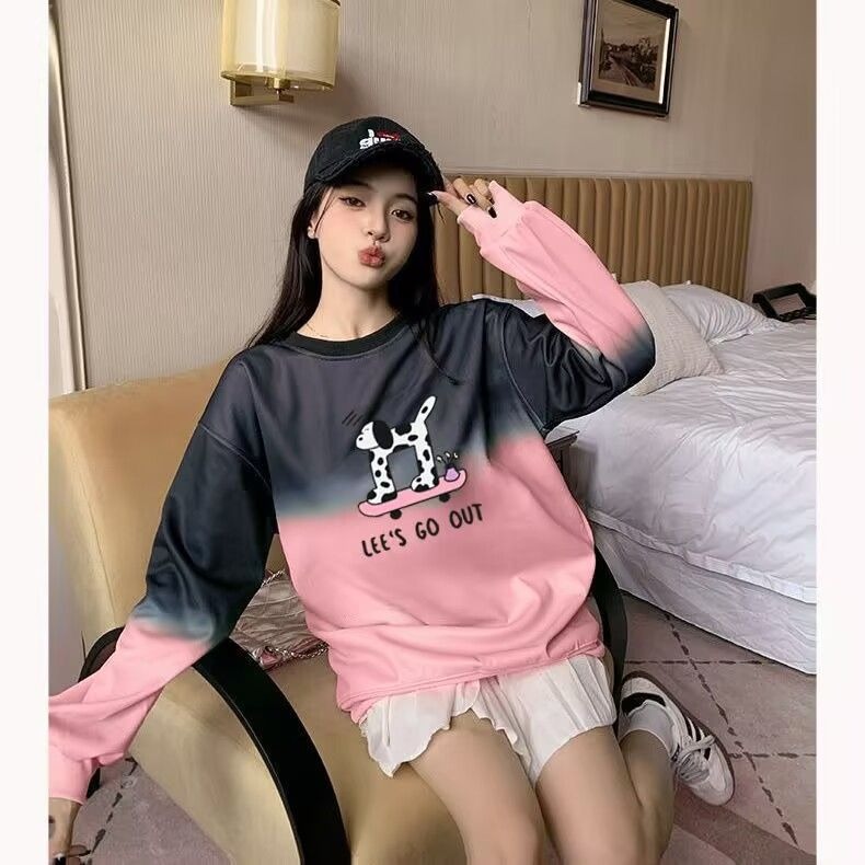 Twill large fish scale cotton T2025 spring and autumn regular new model large size 200 jin gradient color round neck sweatshirt for women