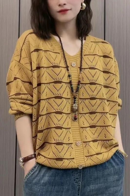 新款減齡冰絲針織長袖套頭針織衫女歐洲站春秋薄款v領外搭女上衣