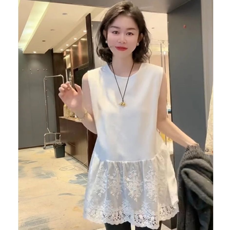 Stitch lace hem bottom layer wear women 2025 loose casual innerwear no sleeve T-shirt backless trendy
