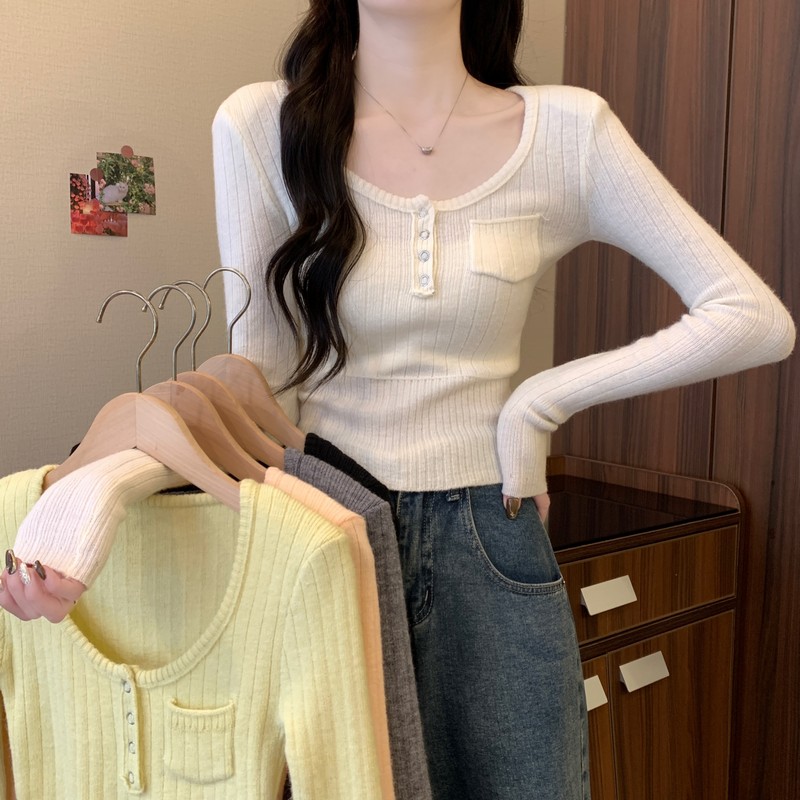 實拍春秋新款純欲甜美辣妹氣質圓領墊肩修身短款小個子針織衫