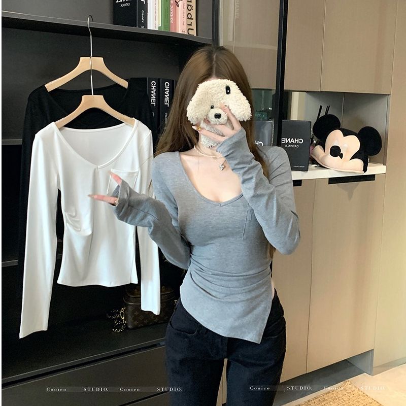 Modal cotton irregular slit long-sleeved T-shirt for women with slim fit and sexy niche and unique base shirt