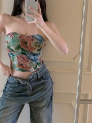 Tmall Quality Floral Camisole Backless Summer Oil Painting Retro Fitted Short-Sleeve Top for Outerwear Wrap Camisole