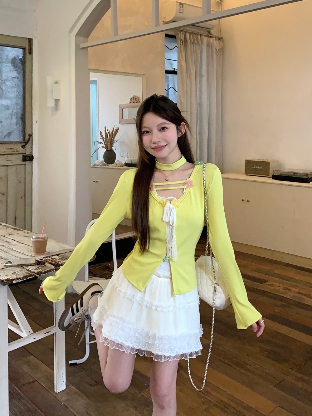 Real shot of sweet and fresh lace lace long sleeve knitted sweater for women 2025 spring and summer new cake two-piece skirt