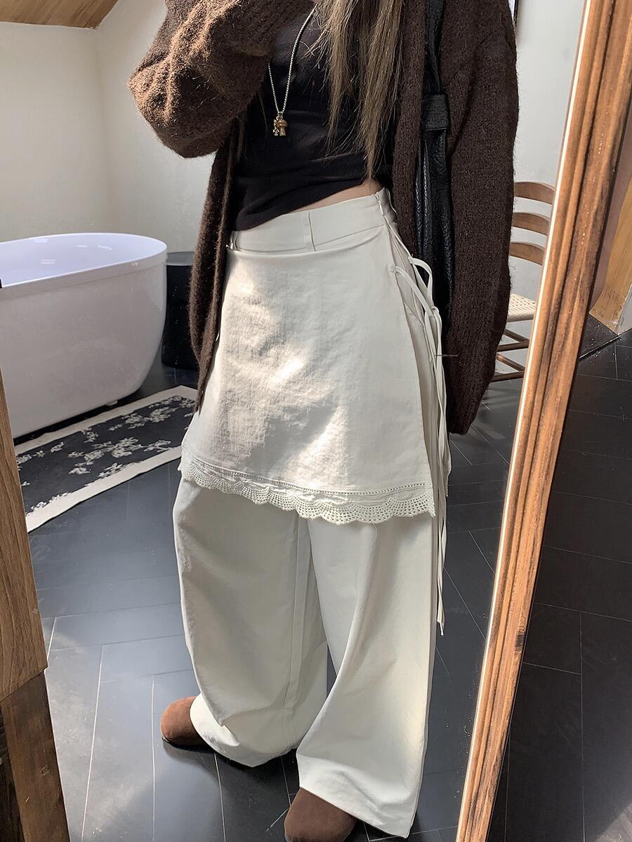 Korean fake two-piece lace spliced ​​straight-leg pants for women in summer high-waist loose wide-leg pants casual pants large size S-4XL