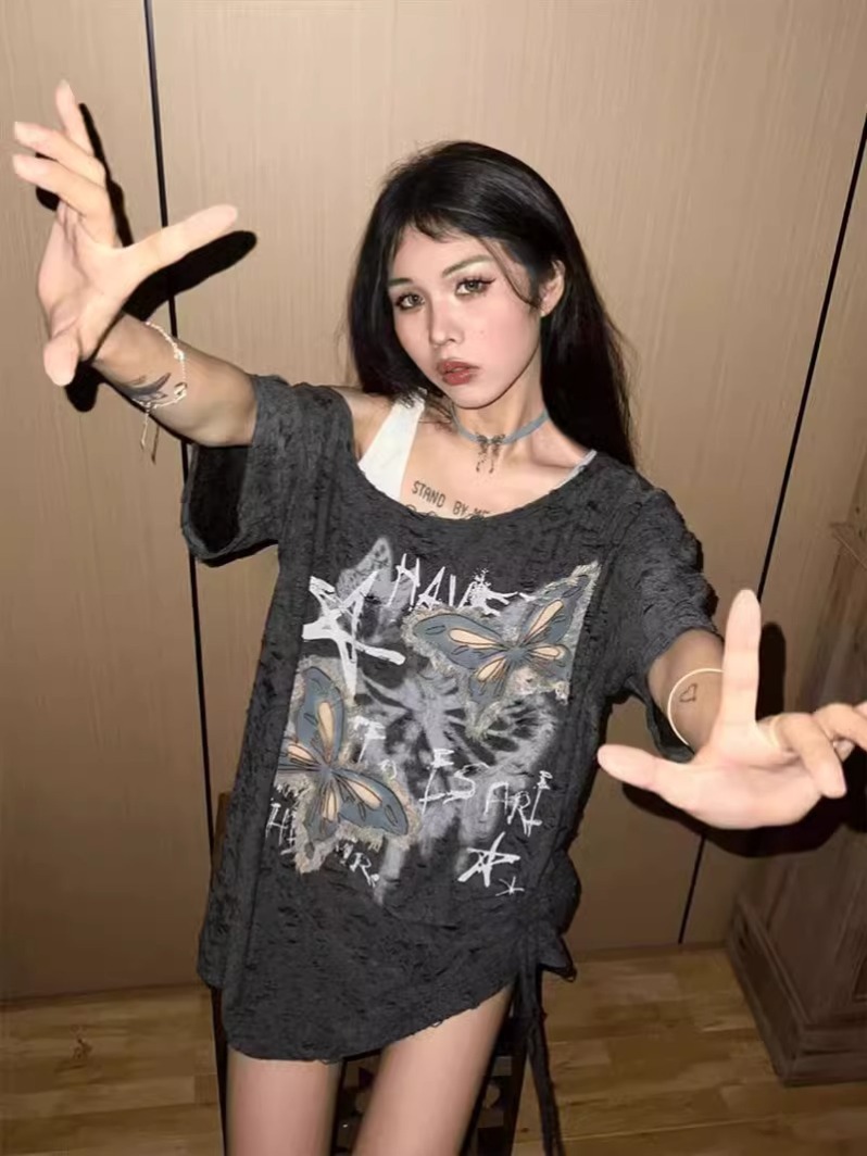 印花+牛仔蝴蝶原版布料特大碼240斤甜酷辣妹破洞短袖