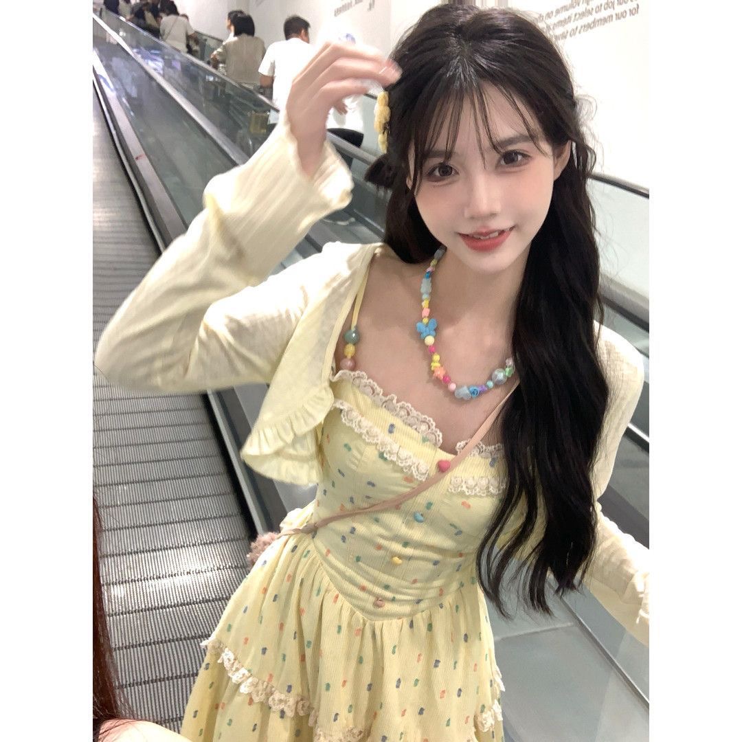 糖果甜心法式溫柔風長裙女夏季收腰顯瘦蕾絲拼接甜美吊帶連衣裙女