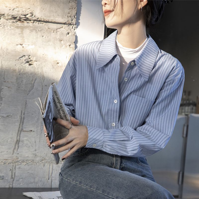設計感寬鬆襯衣2025春季新款藍色條紋襯衫女長袖面試法式休閒上衣