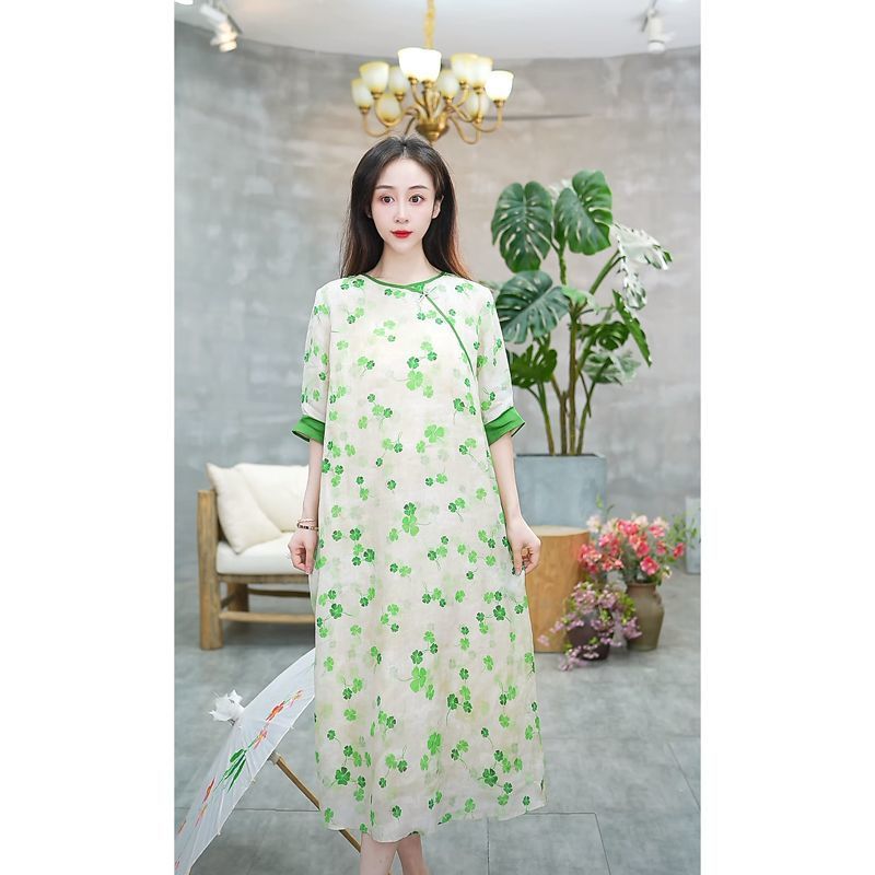 Temperament Chinese style modified cheongsam dress for women 2025 summer new style loose buckle loose slim midi skirt for women