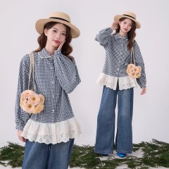 2025 new spring sweet doll collar plaid shirt for women's spring spliced ​​lace top
