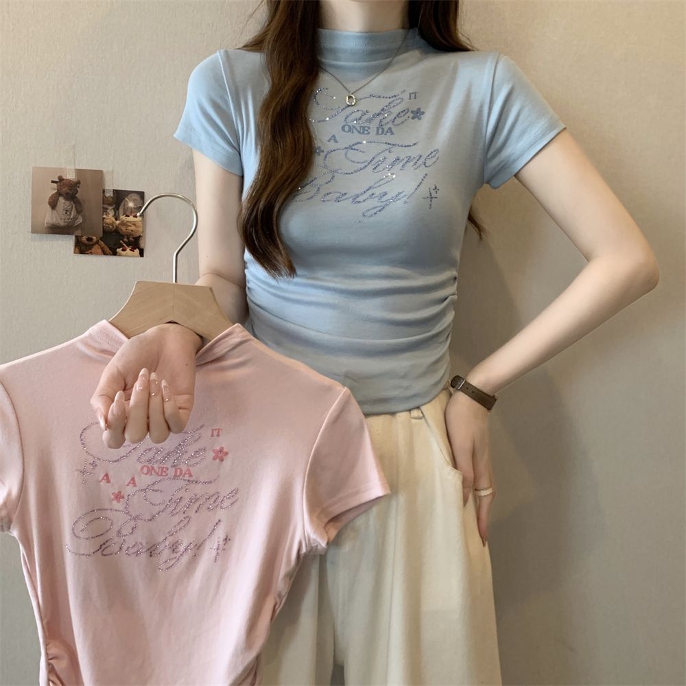 Real shot 40 pure cotton 210g 92 cotton/8 spandex rhinestone printed short-sleeved T-shirt for women