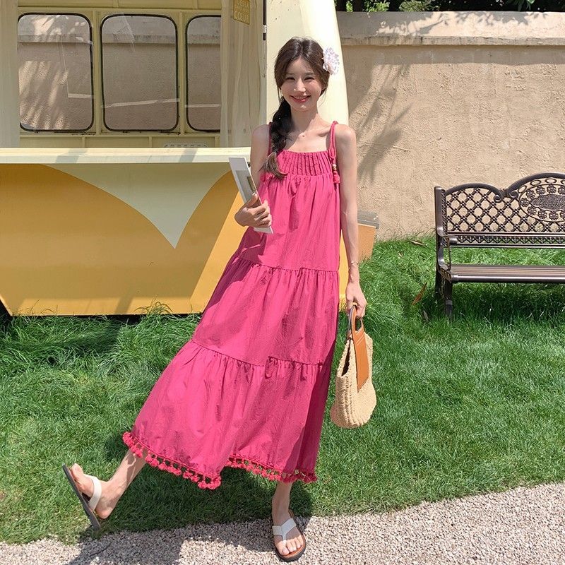 Niche design tassel suspender dress for women in summer beach vacation gentle style loose and slim temperament long skirt