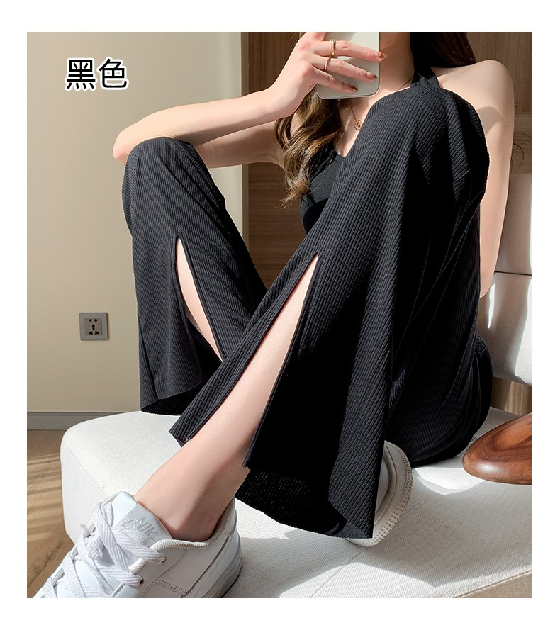 外貿原版冰絲闊腿褲女夏高腰垂感小個子薄款開叉直筒拖地休閒褲子