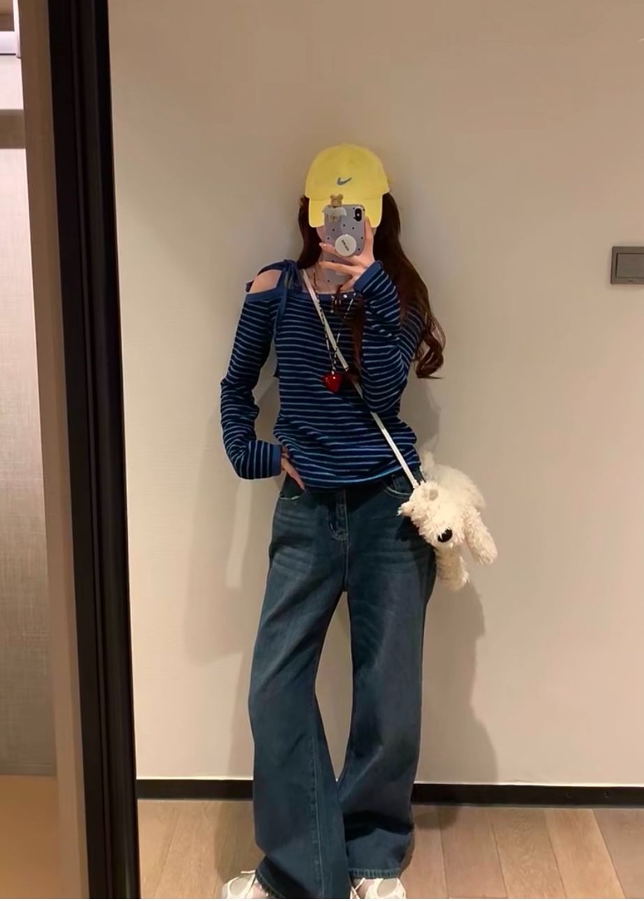 原版面料美式藍色條紋斜肩綁帶修身辣妹上衣