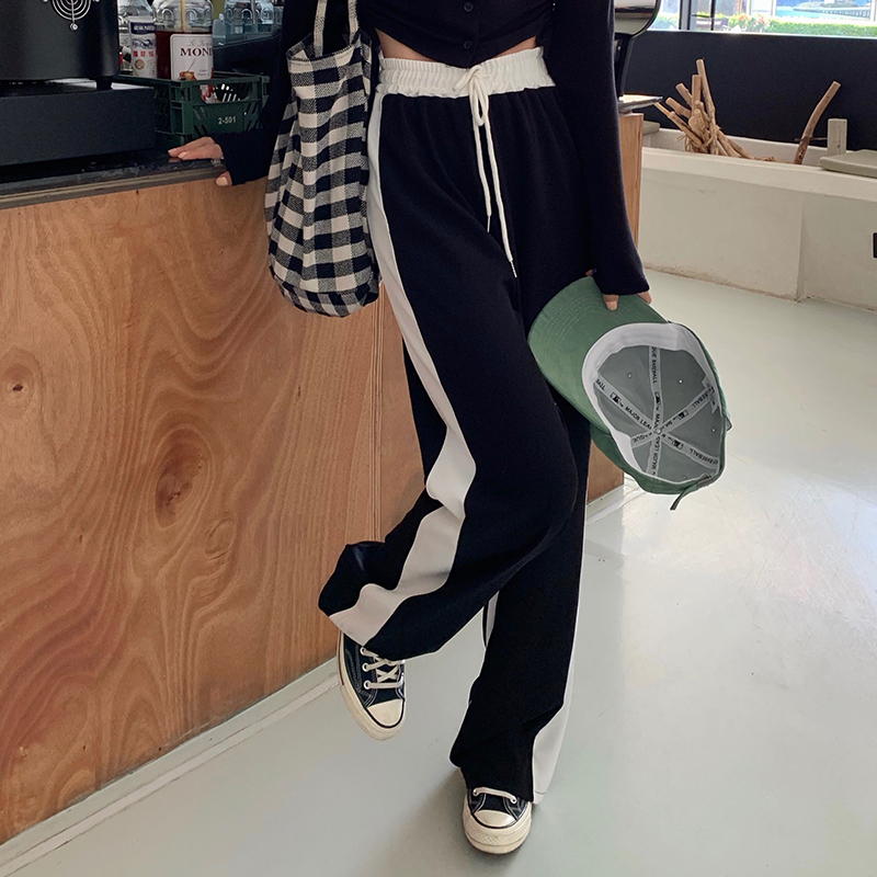 外貿原版夏季新款黑白撞色垂感闊腿褲女高腰寬鬆直筒休閒拖地長褲
