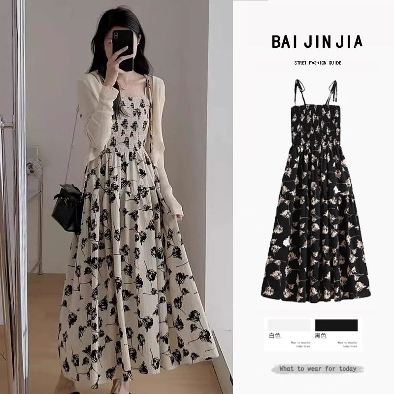 French floral suspender long dress set 2025 summer paired with waist-hugging and slimming vacation style beach dress